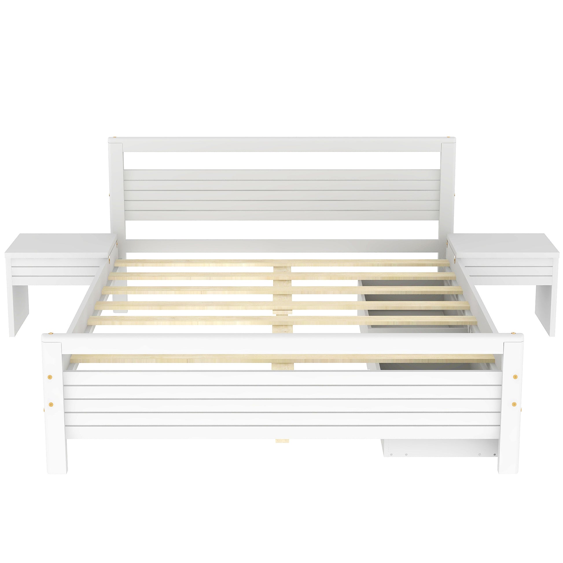 Queen Size Wooden Platform Bed With 2 Storage Drawers And 2 Bedside Tables, White Queen White Pine