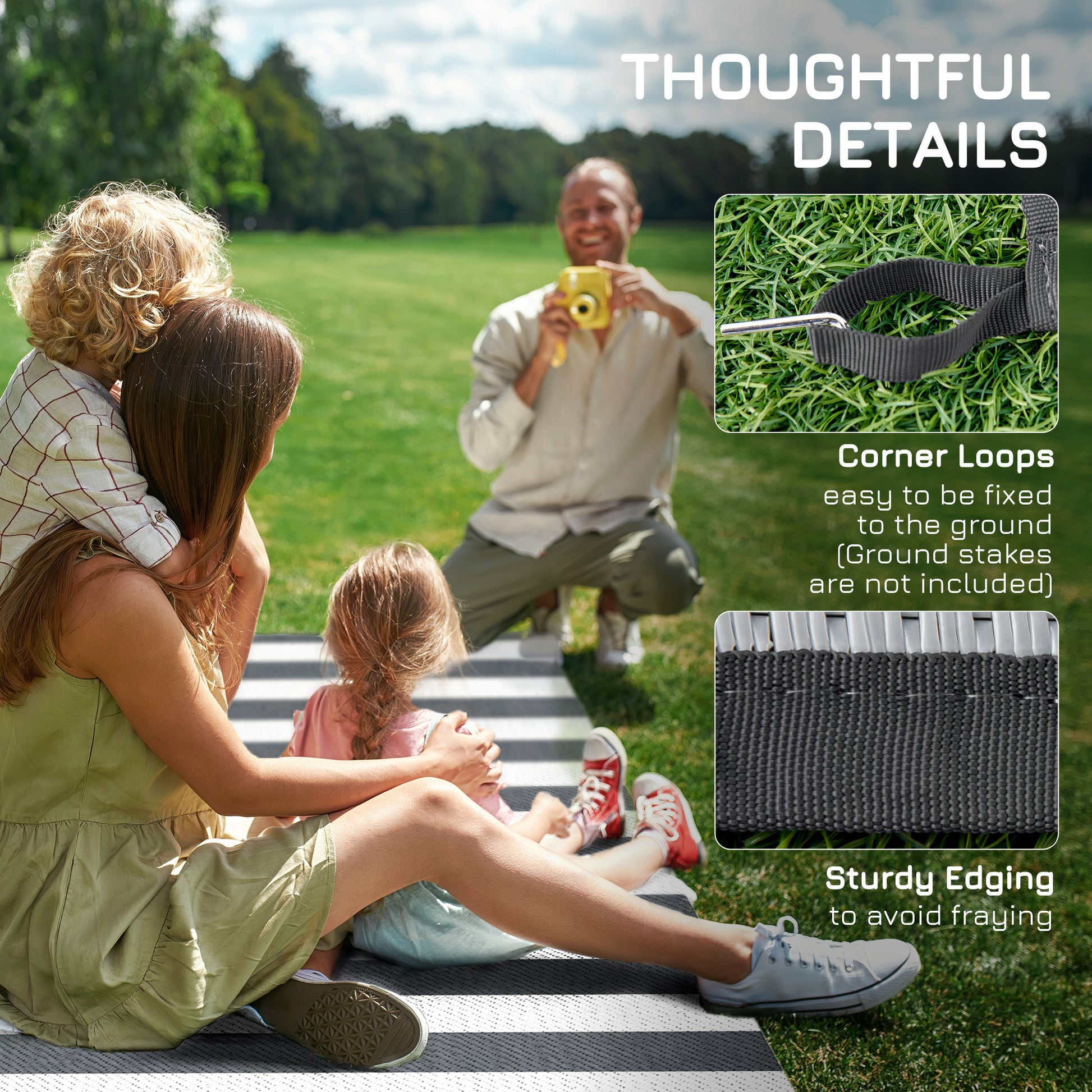 Outsunny Reversible Outdoor Rug, 9' X 12' Waterproof Plastic Straw Floor Mat, Portable Rv Camping Carpet With Carry Bag, Large Floor Mat For Backyard, Deck, Picnic, Beach, Gray & White Striped Multicolor Polypropylene