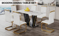 Table And Chair Set, White Imitation Marble Texture Glass Tabletop, Black Mdf Table Legs, Stable And Beautiful. Modern Simple Dining Table, Comfortable Seating. White Black Seats 6 Mdf Glass