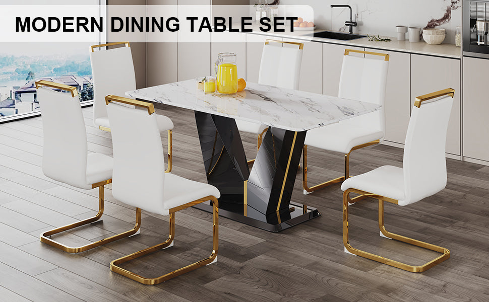 Table And Chair Set, White Imitation Marble Texture Glass Tabletop, Black Mdf Table Legs, Stable And Beautiful. Modern Simple Dining Table, Comfortable Seating. White Black Seats 6 Mdf Glass