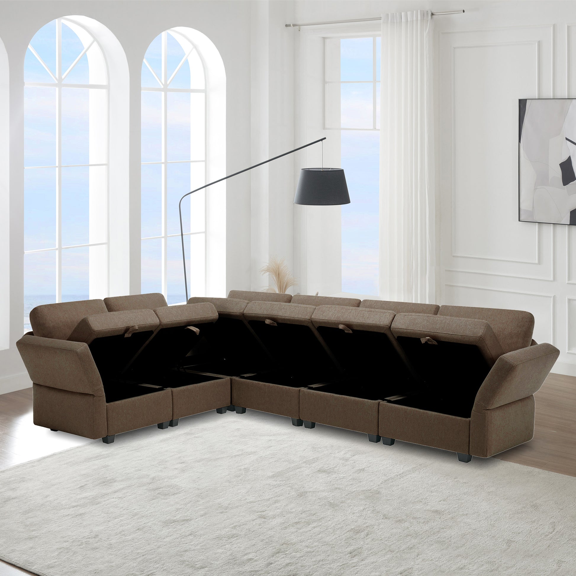 L Shaped Modular Sectional Corner Sofa Couch, 6 Seat Modular Sectional Sofa With Chaise For Living Room, Adjustable Arms And Backs Brown Brown Polyester 6 Seat
