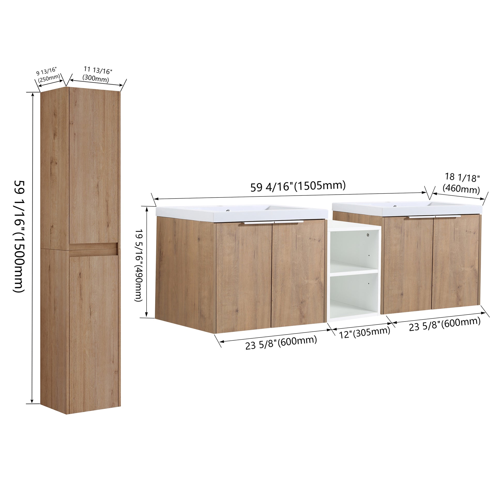 60" Wall Mounted Bathroom Vanity With Sink And Side Cabinet, Soft Close Doors,00112Imox2 0624Imox2 0612Gwh Combination Cabinet Kd Packing Imitative Oak Bathroom Modern Plywood Plywood