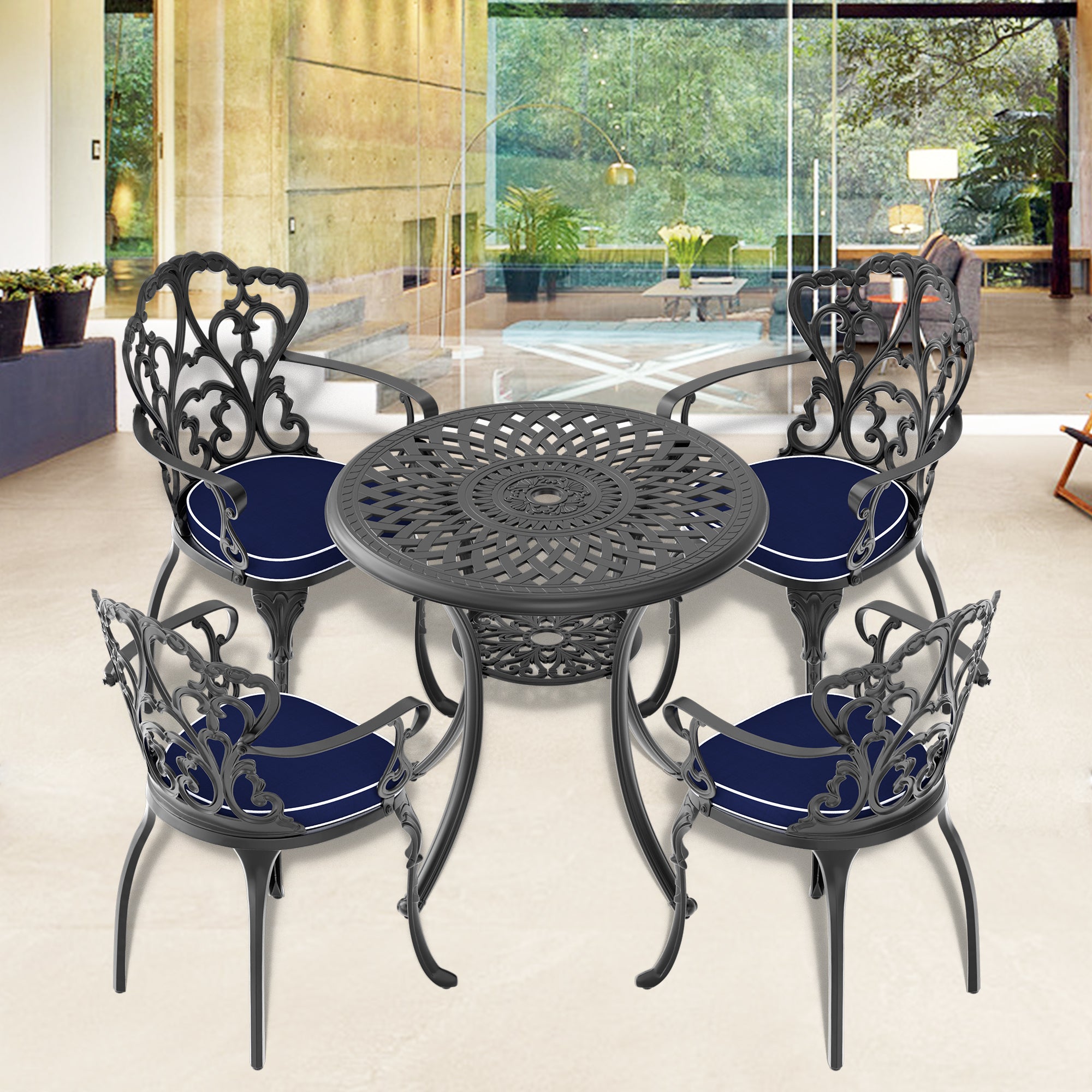 Cushions In Random Colors 5 Piece Set Of Cast Aluminum Patio Furniture With Cushions Yes Dining Set Black Seats 4 Rust Resistant Frame Water Resistant Cushion Garden & Outdoor Complete Patio Sets Aluminium