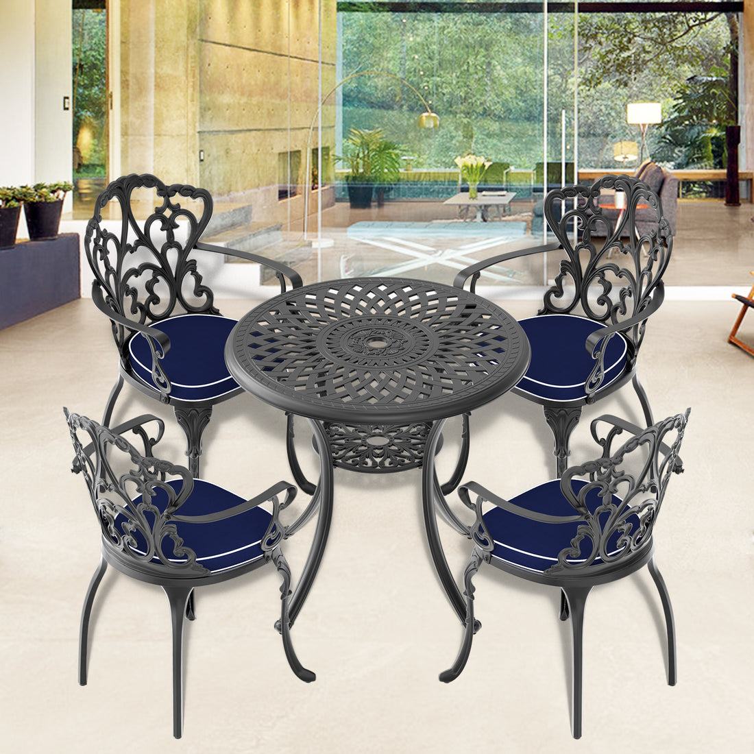 Cushions In Random Colors 5 Piece Set Of Cast Aluminum Patio Furniture With Cushions Yes Dining Set Black Seats 4 Rust Resistant Frame Water Resistant Cushion Garden & Outdoor Complete Patio Sets Aluminium