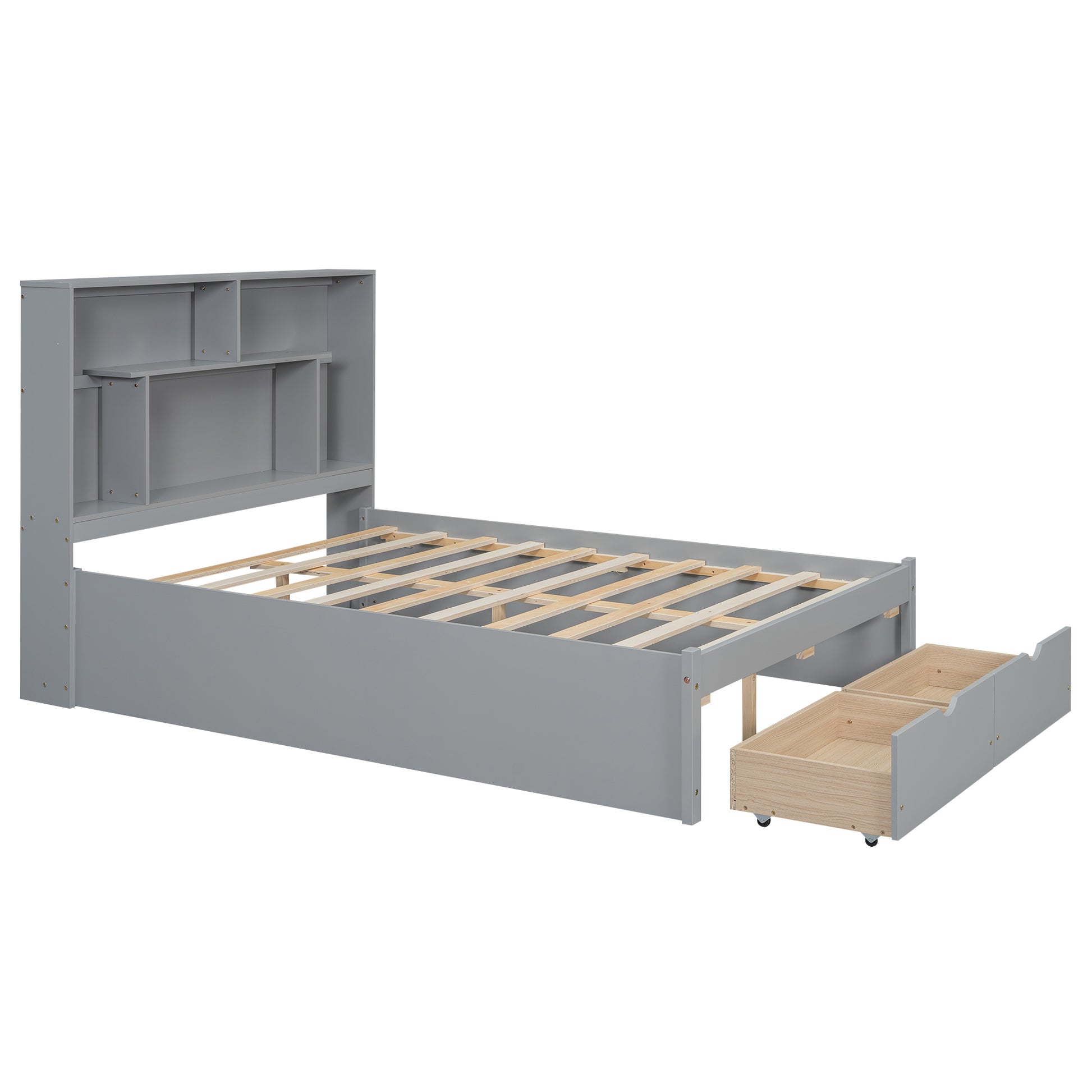 Full Size Platform Bed With Storage Headboard And 2 Drawers, Gray Box Spring Not Required Full Gray Wood Bedroom Bed Frame Solid Wood Mdf