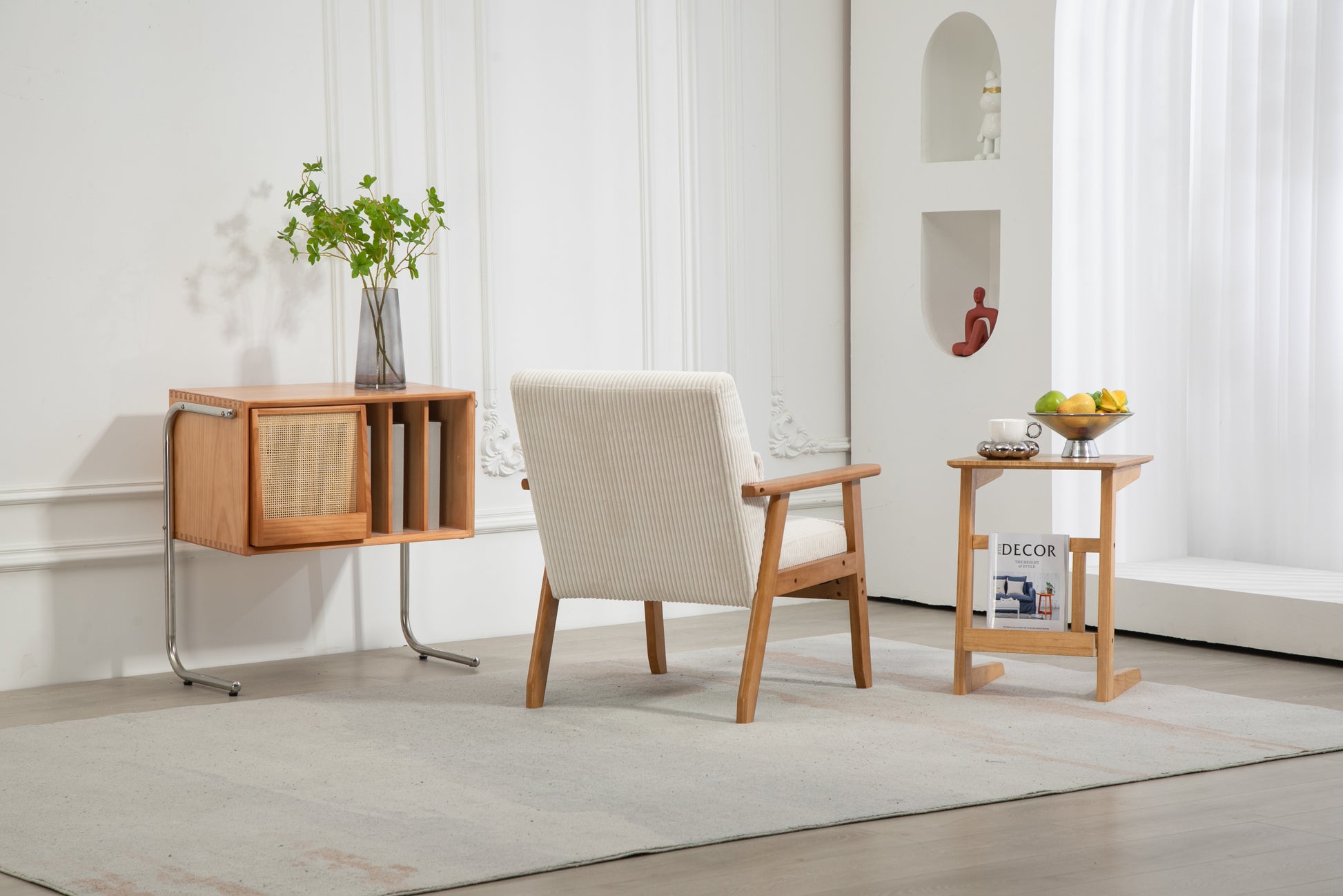 Leisure Chair With Solid Wood Armrest And Feet, Leisure Chair, Wood Frame, Velvet, L, Solid Rubber Wood Legs, Mid Century Modern Accent Chair, For Living Room Bedroom Studio Chair Beige Corduroy