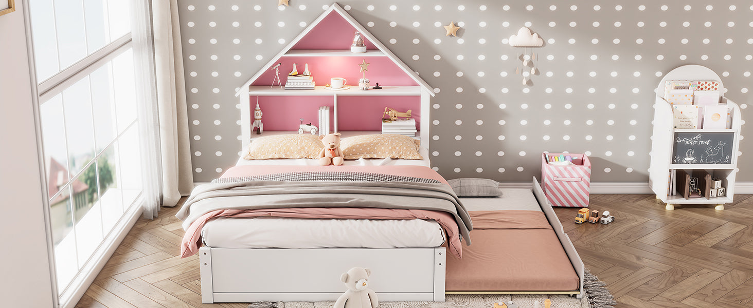 Full Size House Shaped Bed With Bookcase Headboard And Led Light And Twin Size Trundle For Kids Boys Girls, Pink White Box Spring Not Required Full White Pink Wood Bedroom Cute Bed Frame Wood