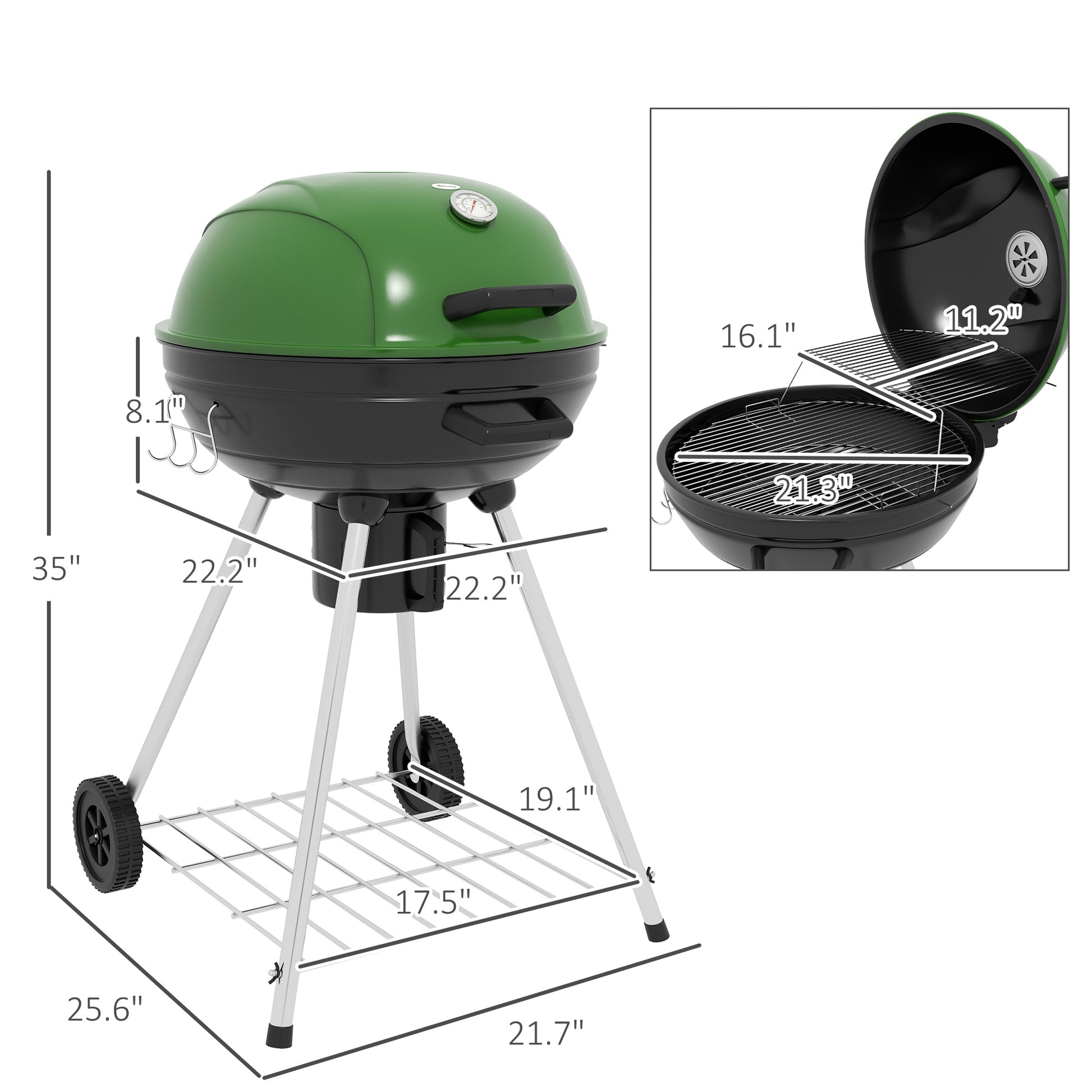 Outsunny 21" Kettle Charcoal Bbq Grill Trolley With 360 Sq.In. Cooking Area, Outdoor Barbecue With Shelf, Wheels, Ash Catcher And Built In Thermometer For Patio, Backyard Party, Green Green Steel