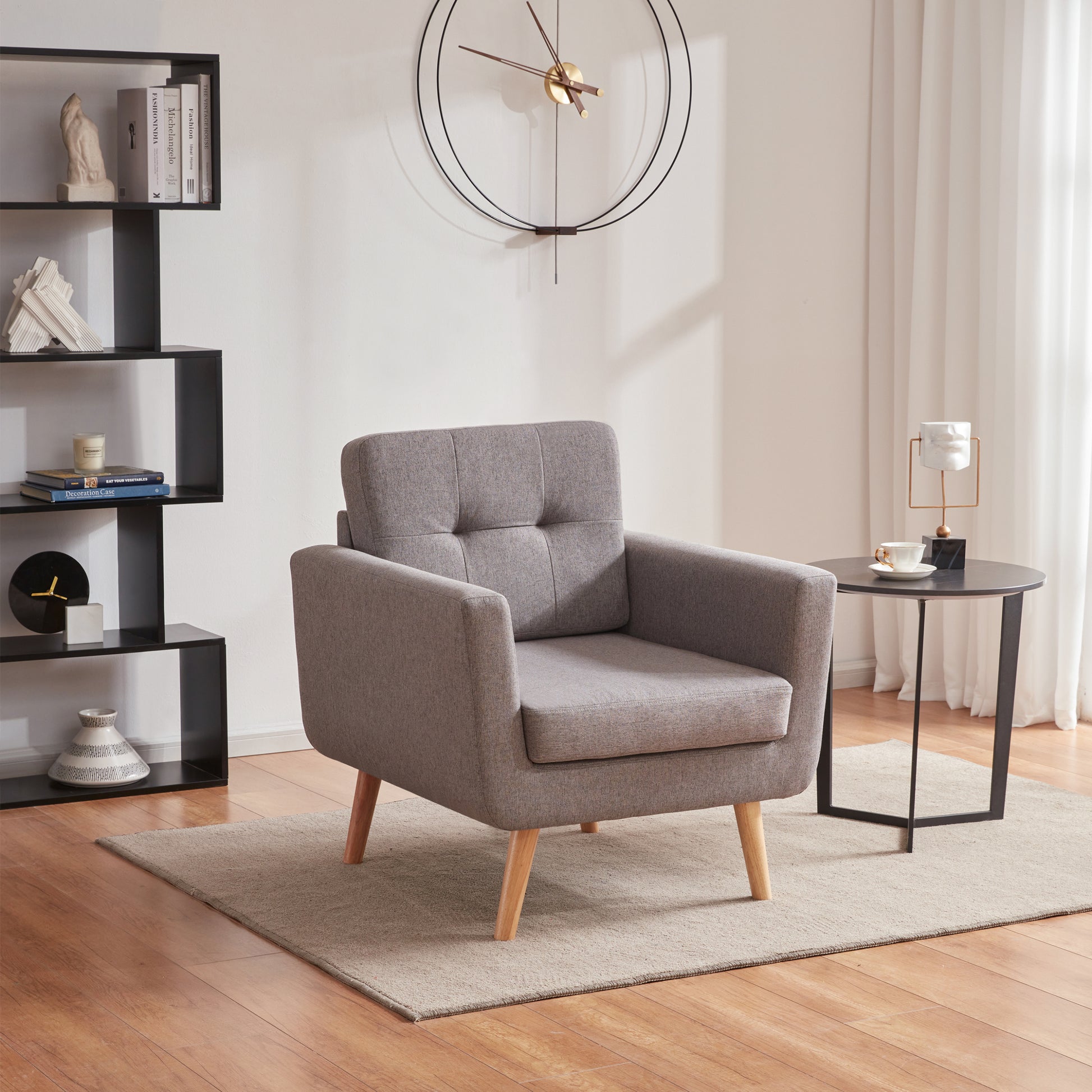 Accent Chair, Reading Chair For Living Room & Bedroom, Mid Century Modern Arm Chair, Button Tufted Upholstered Accent Chairs Sofa With Solid Wood Frame Stone Grey Grey Solid Wood