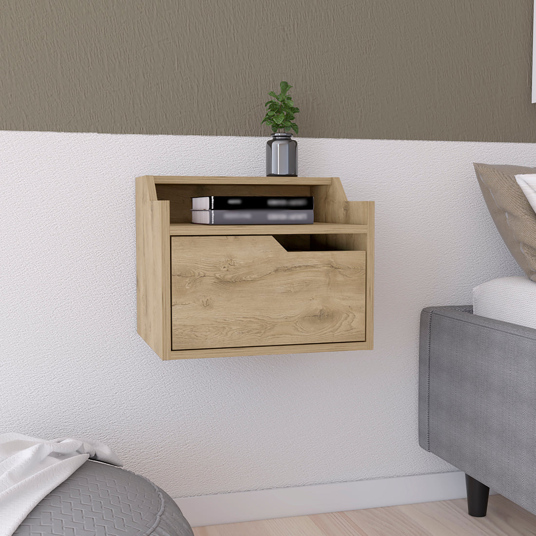 Florence Floating Nightstand With Drawer And Dual Shelf Display Beige 1 Drawer Bedroom Rectangle Modern Shelf Mdf Engineered Wood