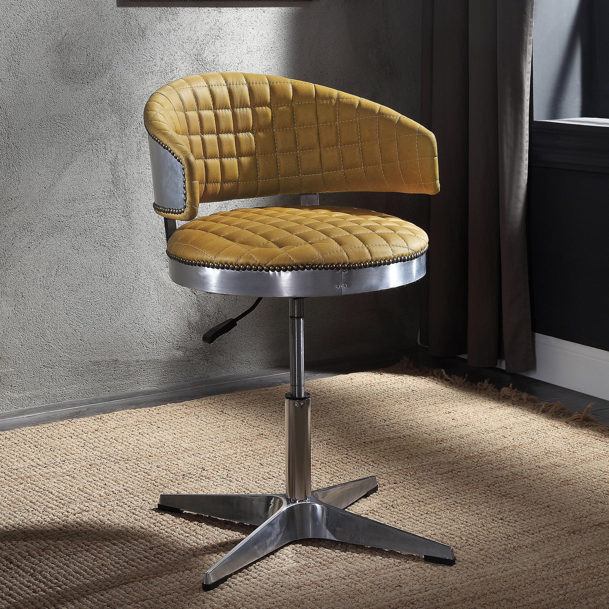 Turmeric And Chrome Adjustable Swivel Tufted Stool Yellow Primary Living Space Leather