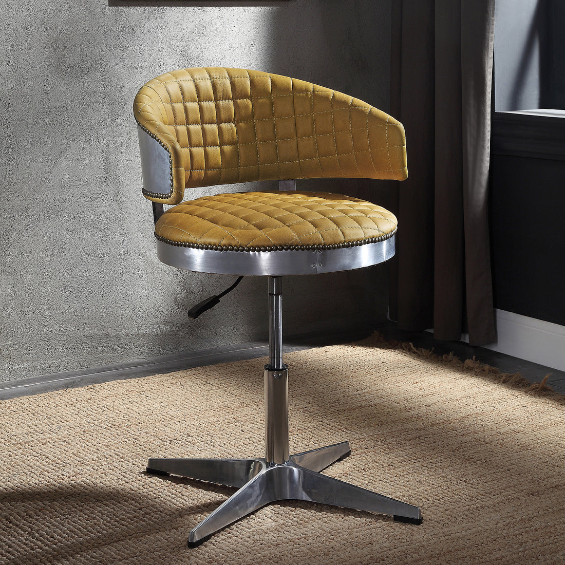 Turmeric And Chrome Adjustable Swivel Tufted Stool Yellow Primary Living Space Leather