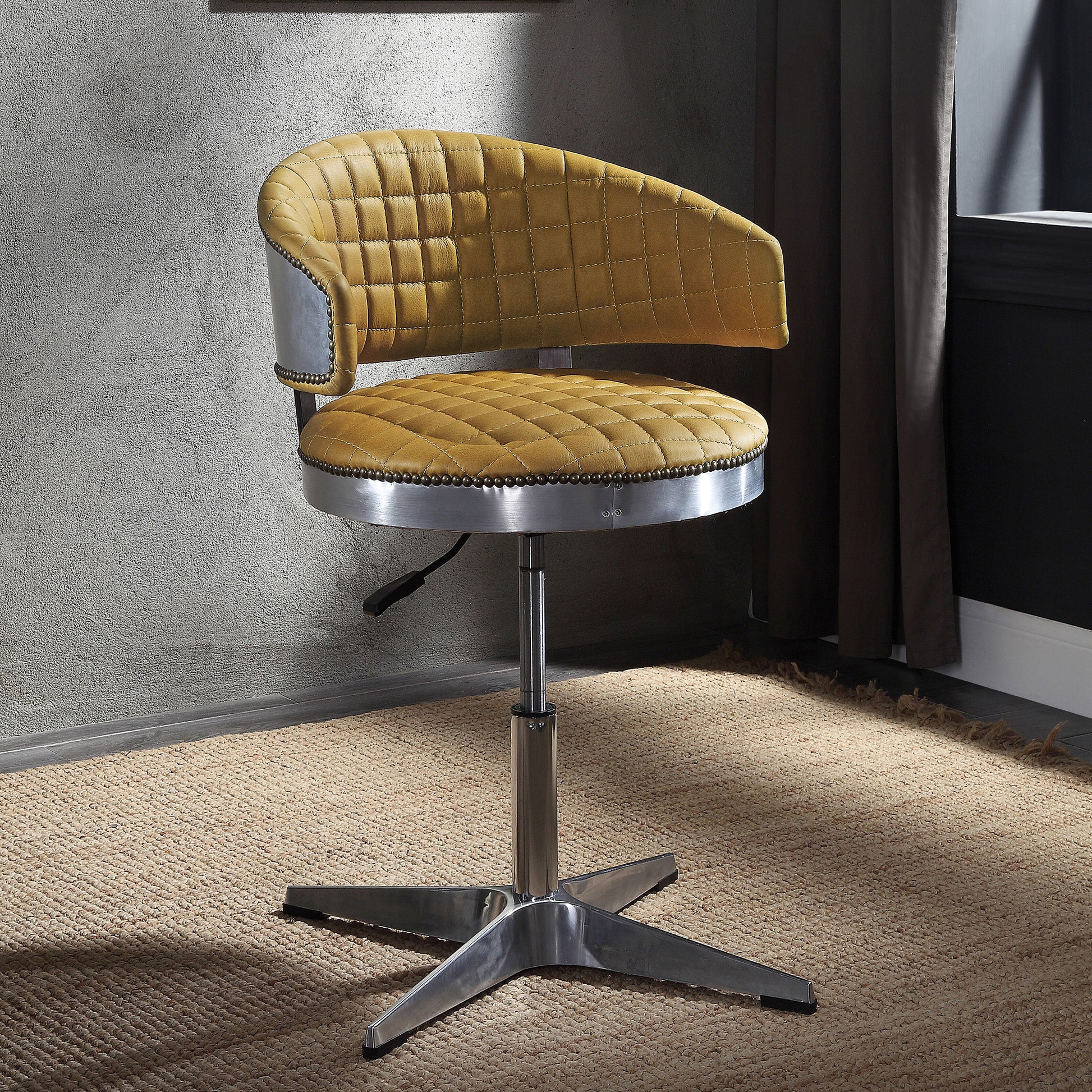 Turmeric And Chrome Adjustable Swivel Tufted Stool Yellow Primary Living Space Leather