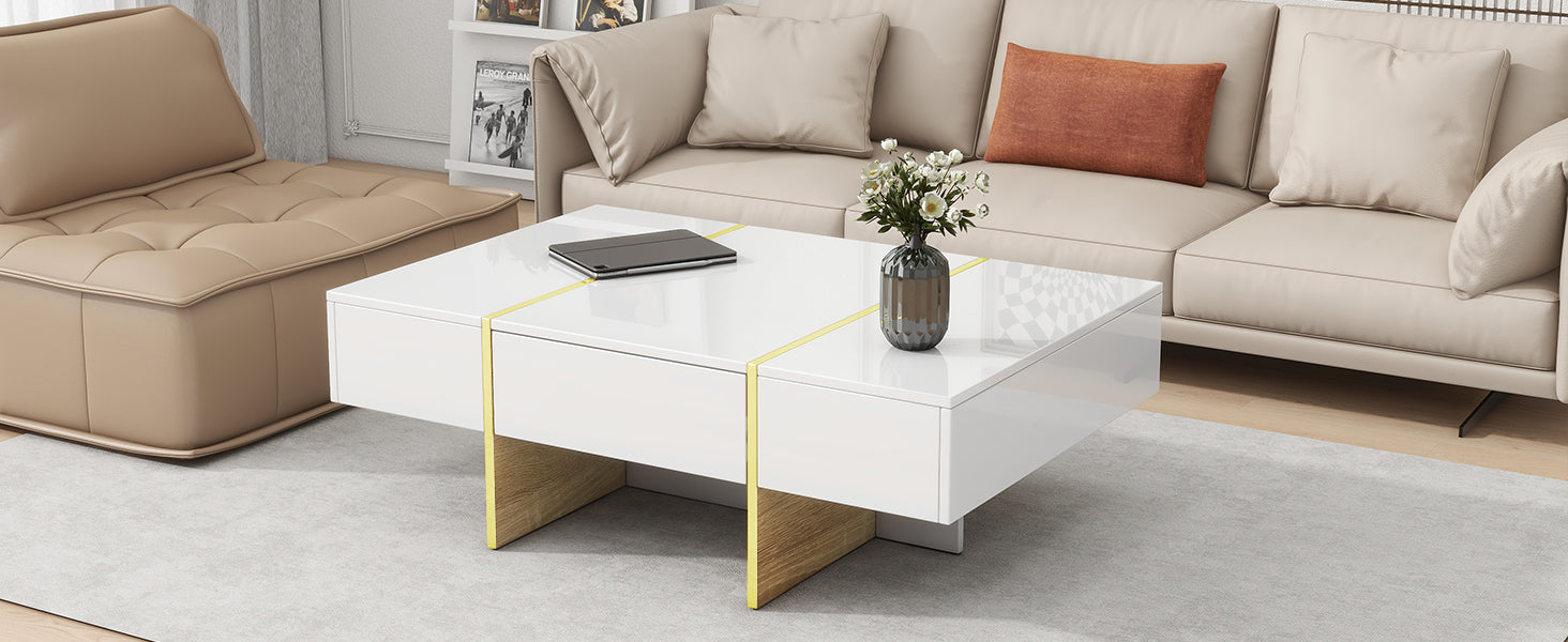47.2'' X 31.4''Minimalist High Gloss Coffee Table With 2 Drawers, Multi Storage Rectangle Sofa Table With Golden Wood Grain Legs, Modern Center Table For Living Room, White White Particle Board Mdf
