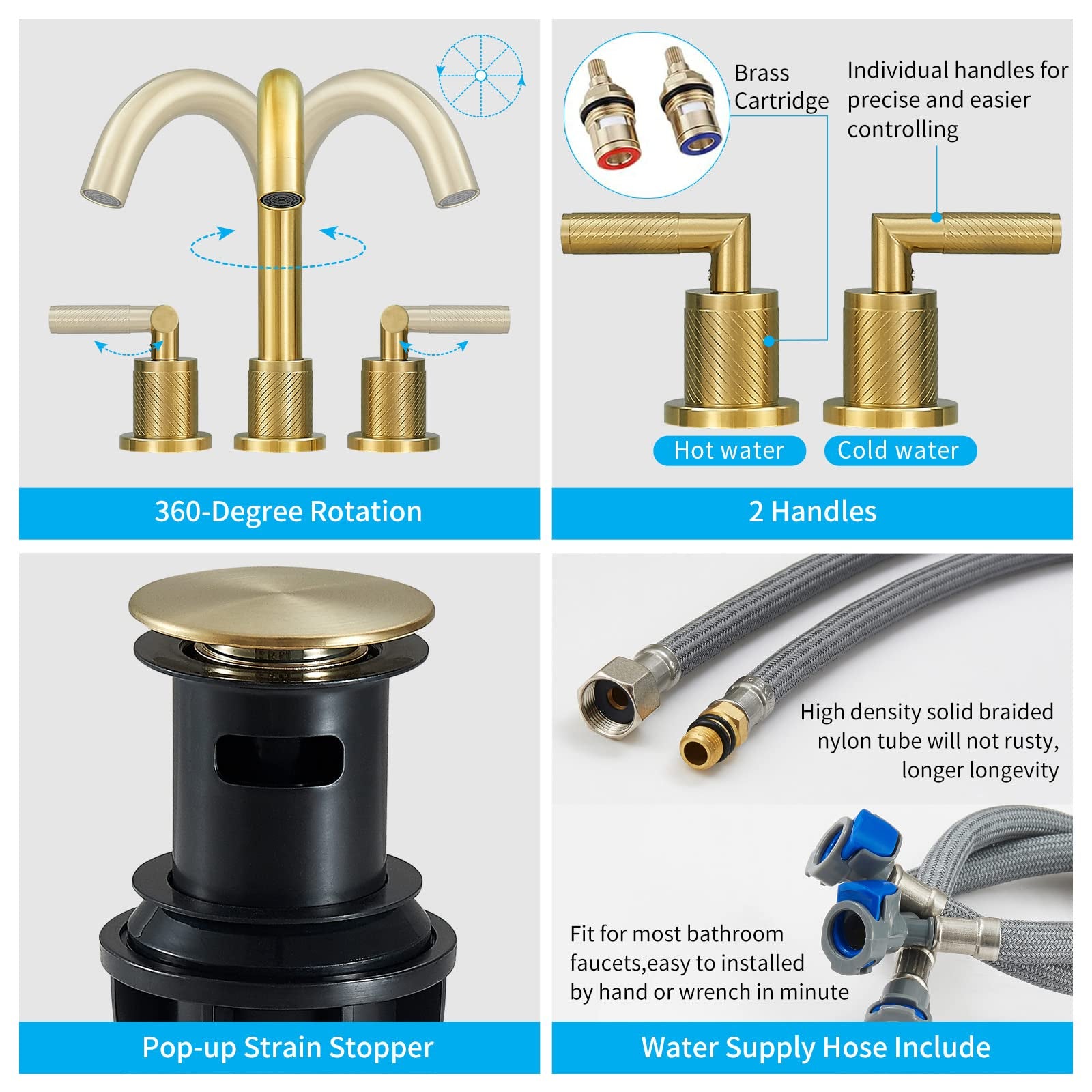 Gold Bathroom Faucet 2 Handle 8 Inch Bathroom Sink Faucets Stainless Steel 3 Hole Widespread With Pop Up Drain And Water Supply Hoses, Brushed Gold Brushed Gold Metal