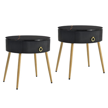 19.6'' Easy Assembly End Tables With High Gloss Faux Marble Tabletops, Set Of 2, Modern Fluted 2 Side Tables With Drawers, Round Coffee Tables With Golden Legs For Living Room, Black Black Gold Primary Living Space Drawers Round Mdf Iron