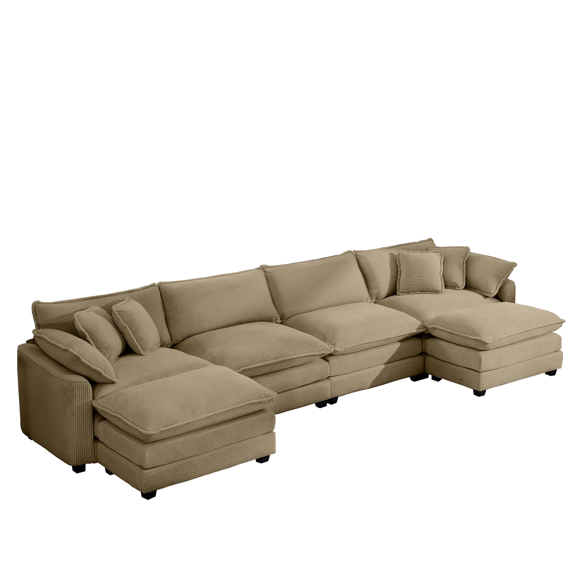 Corduroy Sofamodern Upholstered 4 Seater With 3 Footstools Corduroy Fabric Sofaoffice Living Room Apartment Comfortable Sofa, Easy To Assemble With 2 Arm Pillows And 4 Throw Pillows Tan Corduroy 4 Seat