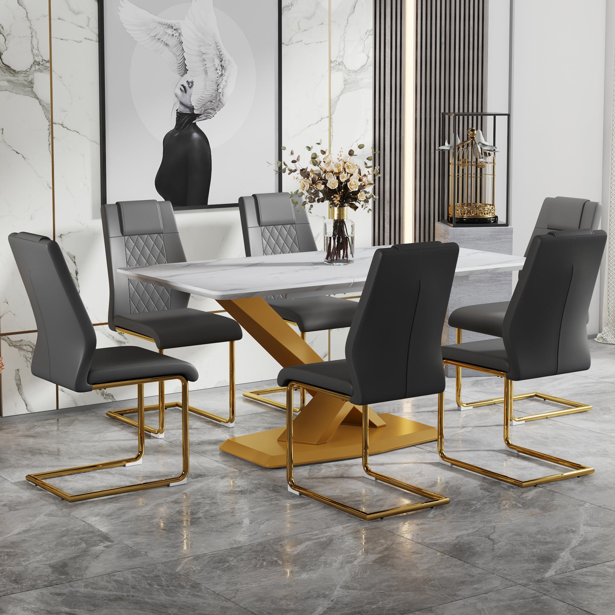 Table And Chair Set, The Table Is Equipped With A Marble Patterned Mdf Tabletop And Gold Table Legs.Dining Chairs,Gold Legged Upholstered Chairs Made Of Artificial Leather. Grey Gold Seats 6 Mdf