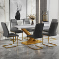 Table And Chair Set, The Table Is Equipped With A Marble Patterned Mdf Tabletop And Gold Table Legs.Dining Chairs,Gold Legged Upholstered Chairs Made Of Artificial Leather. Grey Gold Seats 6 Mdf