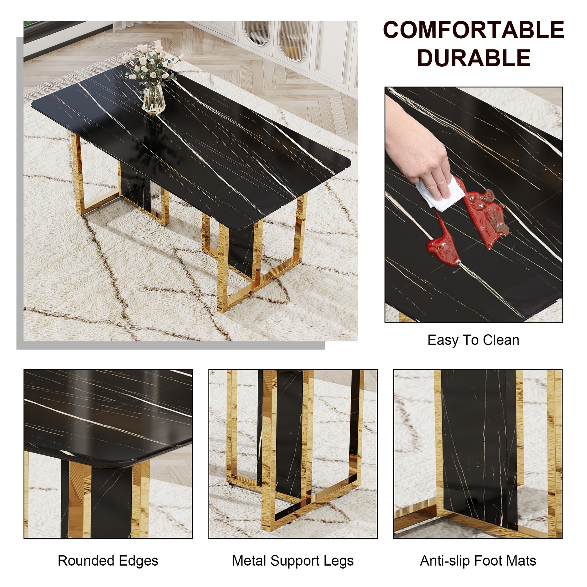 Table And Chair Set. Modern Dining Table With Mdf Top And Beautiful Mdf Legs. Equipped With Comfortable Pu Chairs And Metal Legs. Suitable For A Wide Range Of Decorative Styles. Black,White Seats 6 Mdf