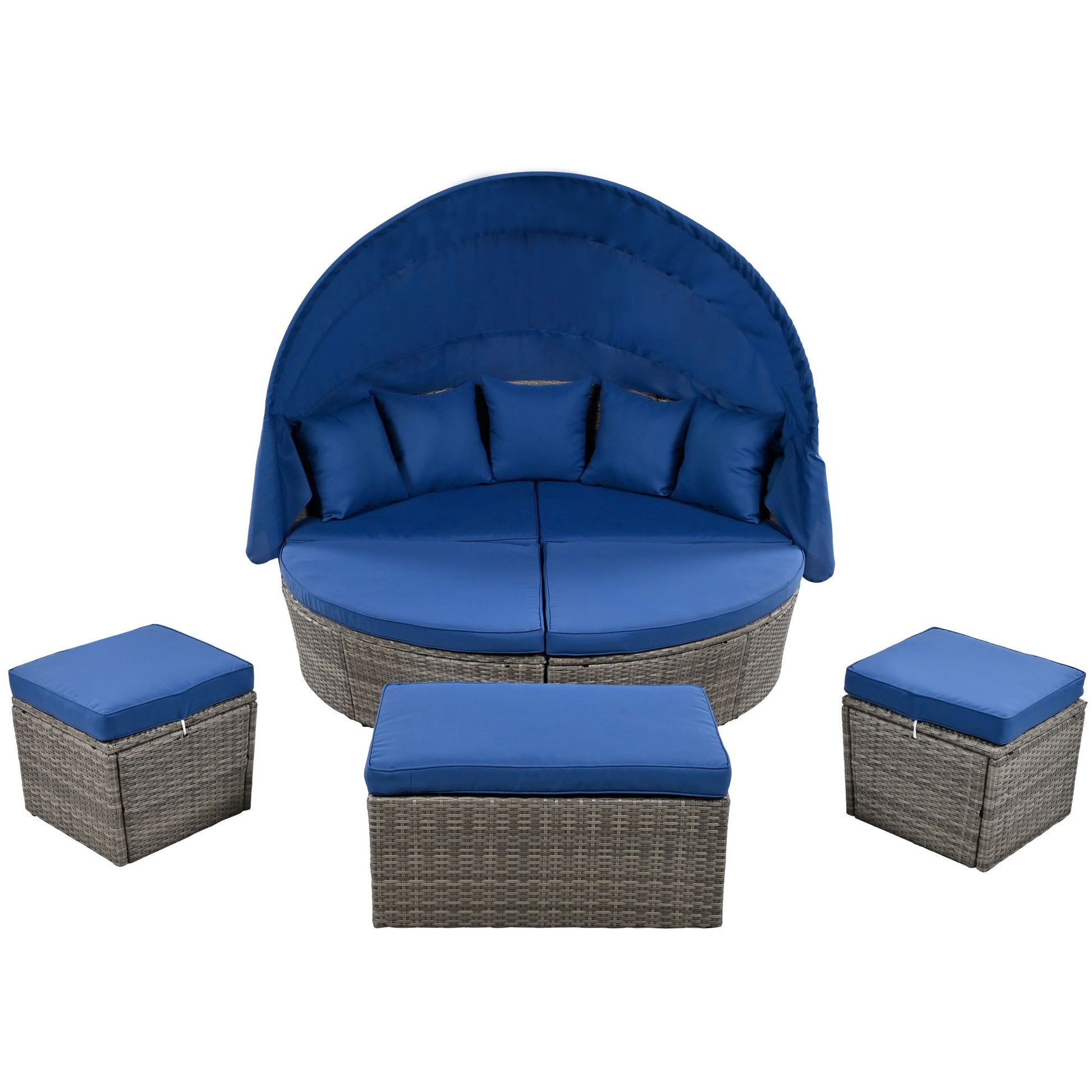 Outdoor Rattan Daybed Sunbed With Retractable Canopy Wicker Furniture, Round Outdoor Sectional Sofa Set, Gray Wicker Furniture Clamshell Seating With Washable Cushions, Backyard, Porch, Blue Yes Blue Seats 8 Garden & Outdoor Foam Wicker