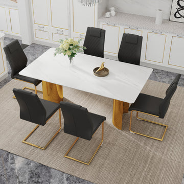 Table And Chair Set.The Table Has A Glass Tabletop With Imitation Marble Pattern Stickers And Stainless Steel Golden Table Legs. Paried With Comfortable Chairs With Pu Seats And Metal Legs. White Gold Seats 6 Glass Metal