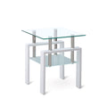 White Tempered Clear Glass End Table, 2 Layers Small Table With Storage, Living Room Side Table Clear Tempered Glass