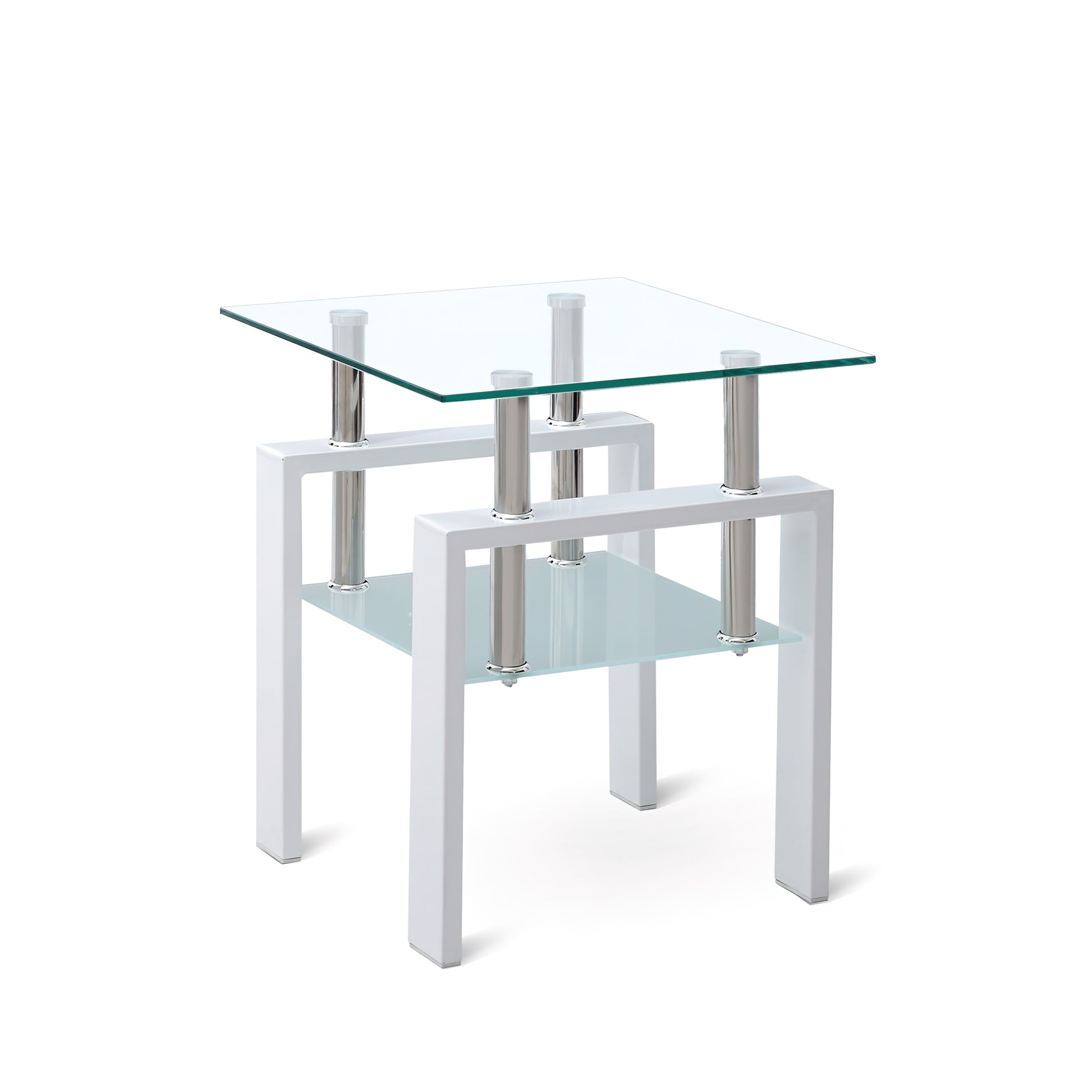 White Tempered Clear Glass End Table, 2 Layers Small Table With Storage, Living Room Side Table Clear Tempered Glass