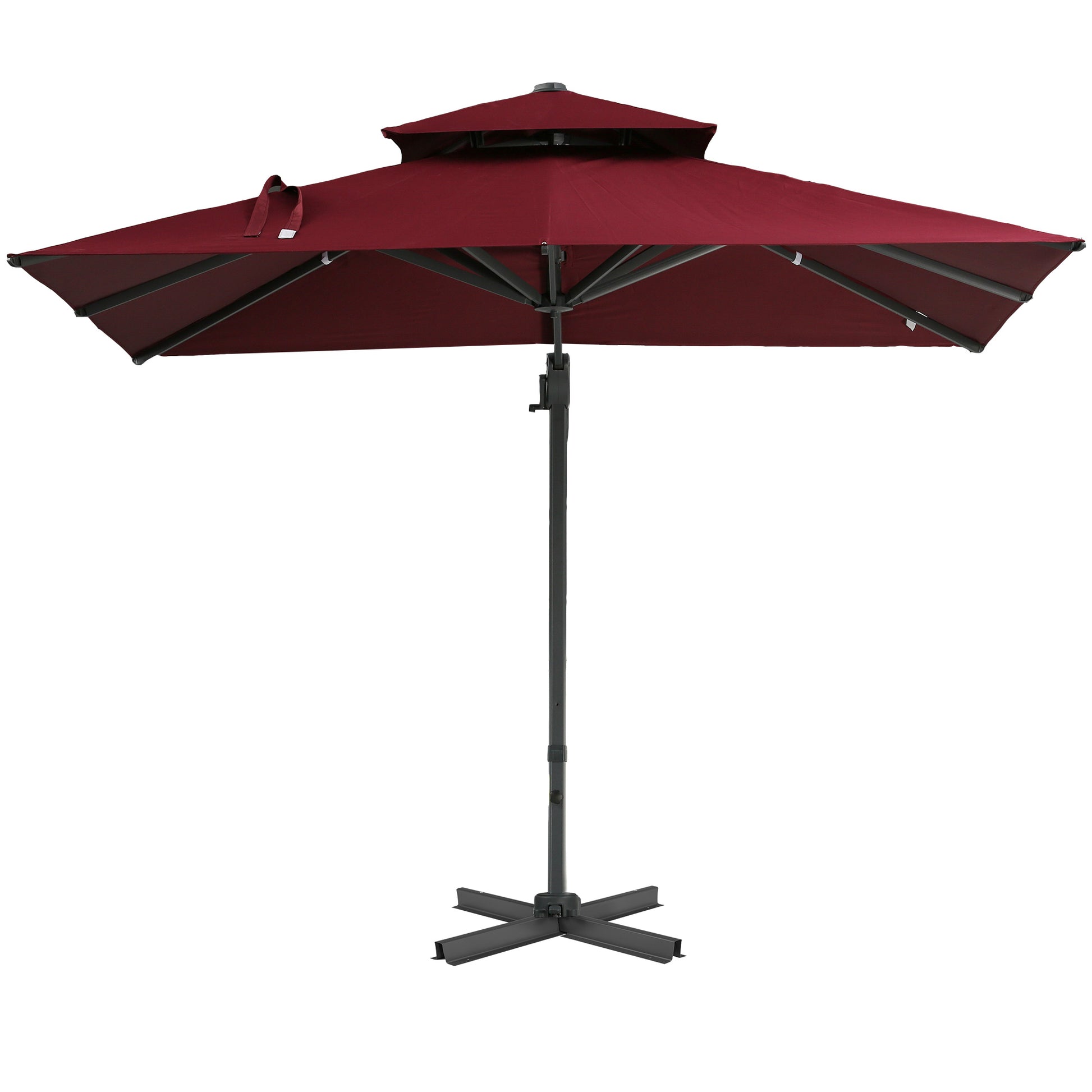 Outsunny 10Ft Offset Patio Umbrella, Hanging Cantilever Umbrella, Square Shape, Aluminum Cross Base, Tilt, 360 Degree Rotation, Red Red Aluminum