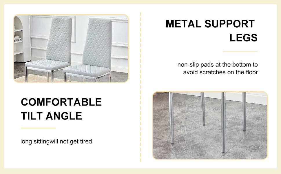 Table And Chair Set.Large Modern Rectangular Table With Brown Glass Top And Silver Metal Legs. Paired With 4 Light Gray Chairs With Checkered Armless High Back Pu Cushion And Silver Metal Legs. Light Gray,Silver Seats 4 Glass Metal