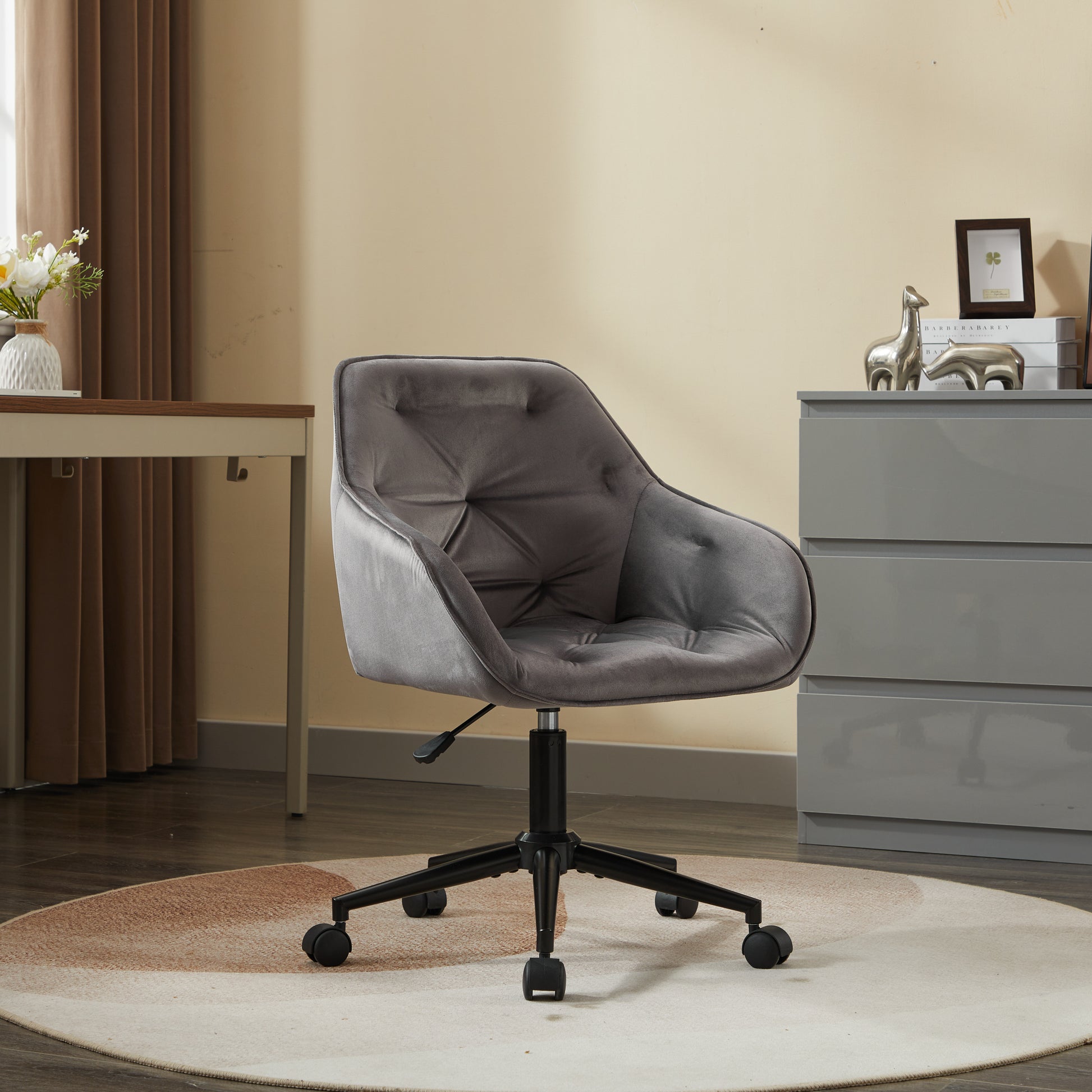 Velvet Home Office Chair, Modern Home Desk Chair With Wheelsvanity Chairs For Living Room, Bedroom,Study Room,Computer Chair Grey Fiber Foam And Polyester Fiber Pad Iron
