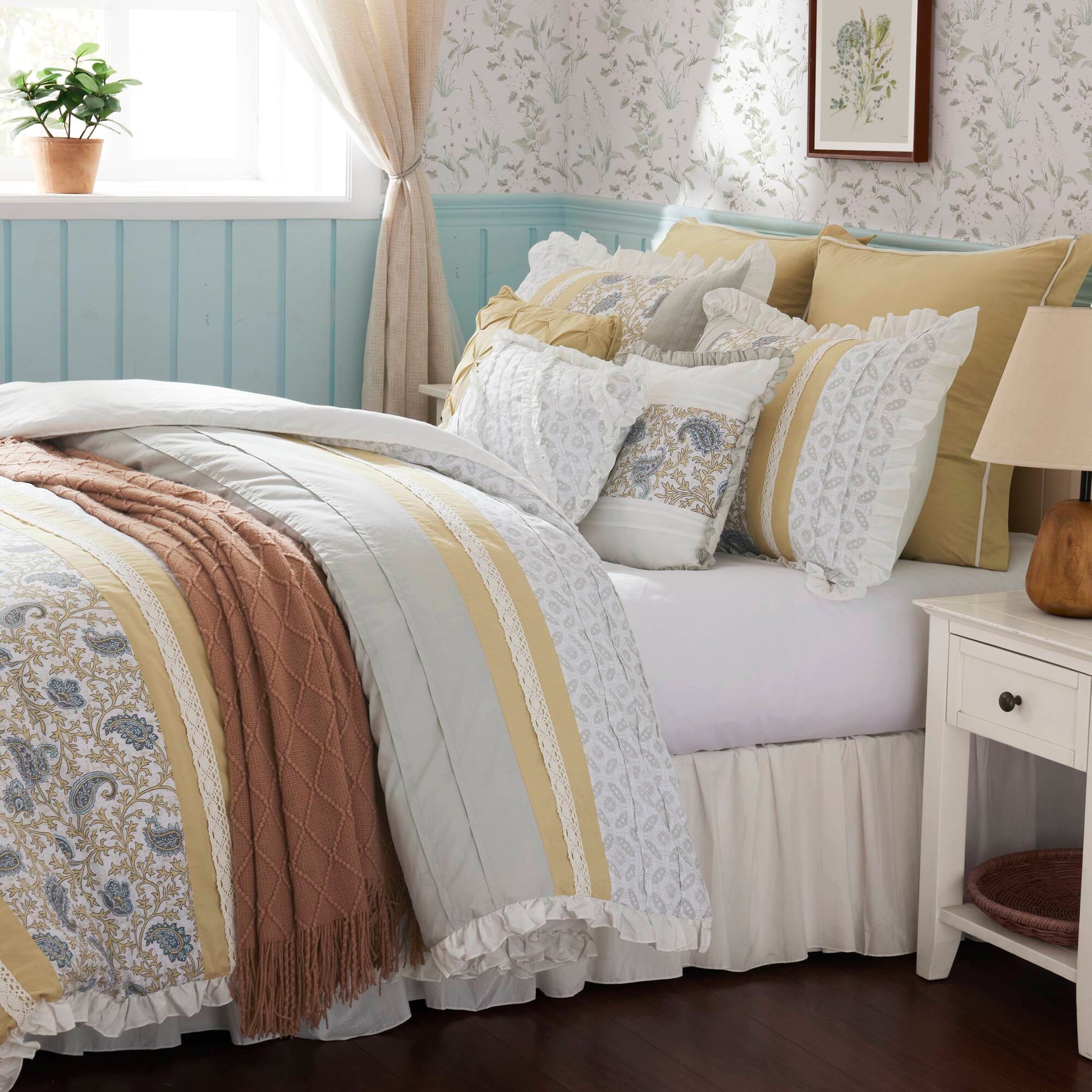 9 Piece Cotton Percale Comforter Set Yellow King King Yellow Polyester