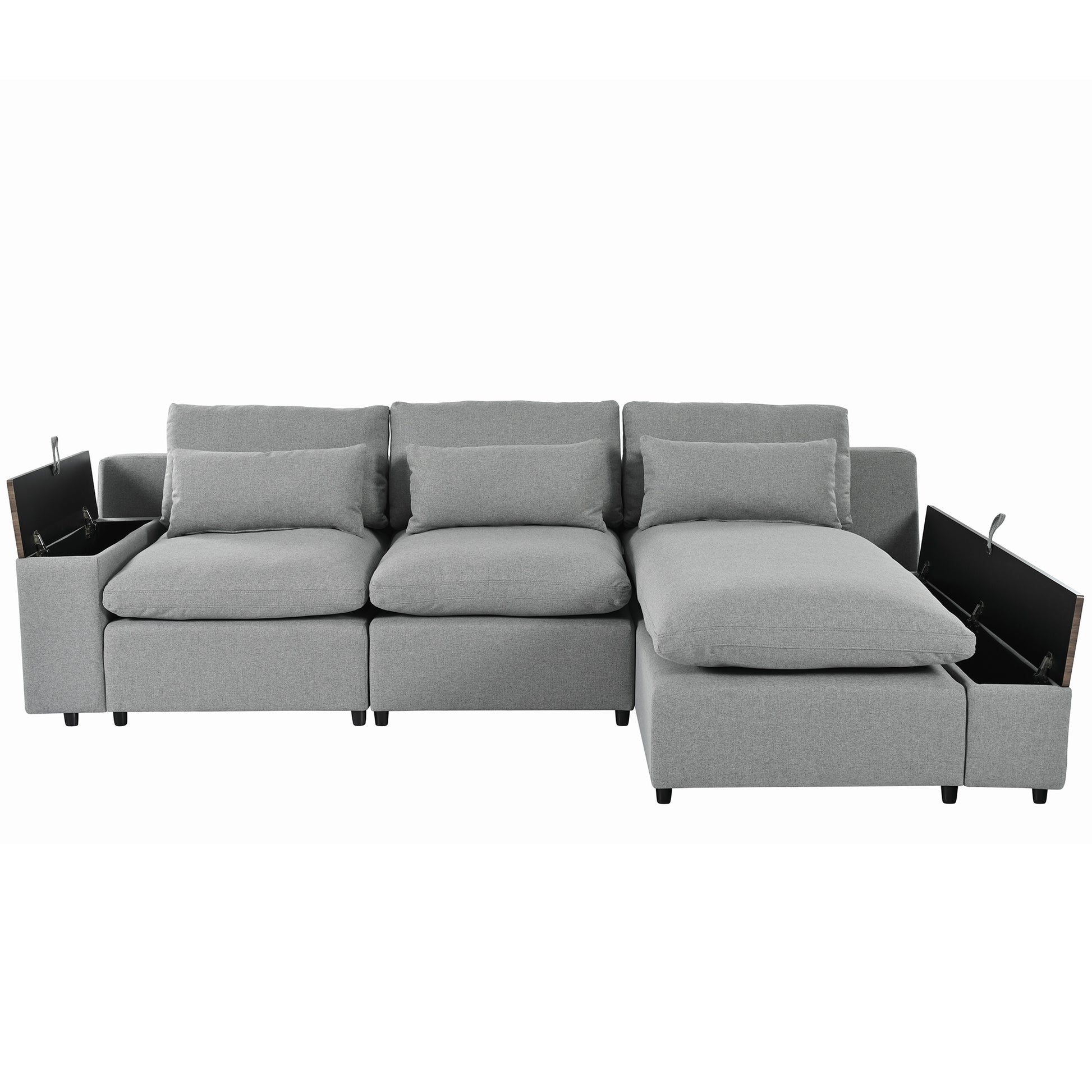 L Shaped Modular Sectional Sofa With Removable Back Cushions,3 Pillows And 2 Storage Spaces,Suitable For Living Rooms,Offices And Apartments Gray Polyester 3 Seat