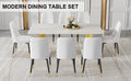 Table And Chair Set.The Table Has A Glass Top With Imitation Marble Pattern Stickers And Stainless Steel Golden Legs. Paried With Chairs With Pu Artificial Leather Backrest Cushions And Black Legs. White Gold Seats 8 Glass Metal