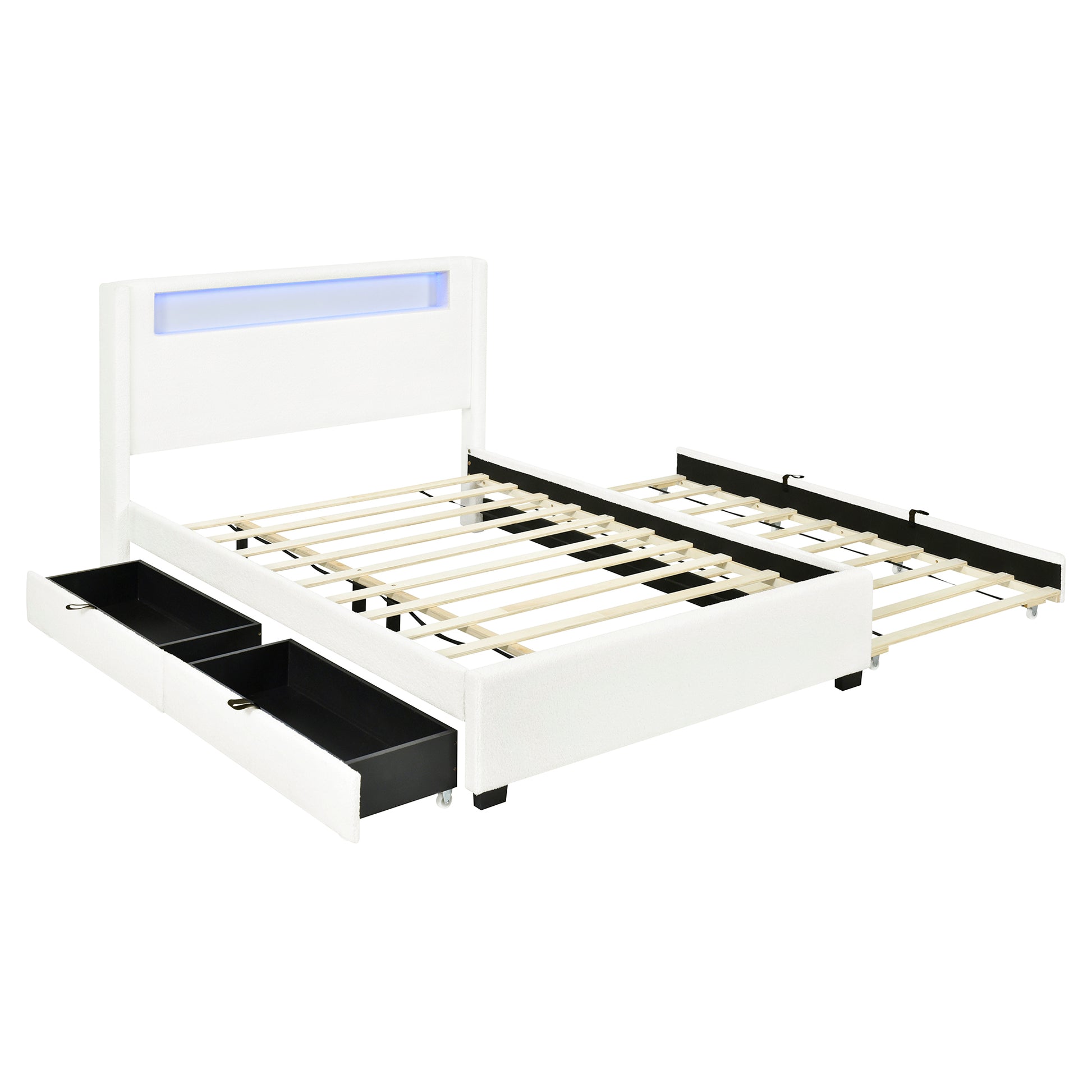 Full Size Upholstered Platform Bed With Led Frame, With Twin Size Trundle And 2 Drawers, Teddy Fleece, White White Fleece