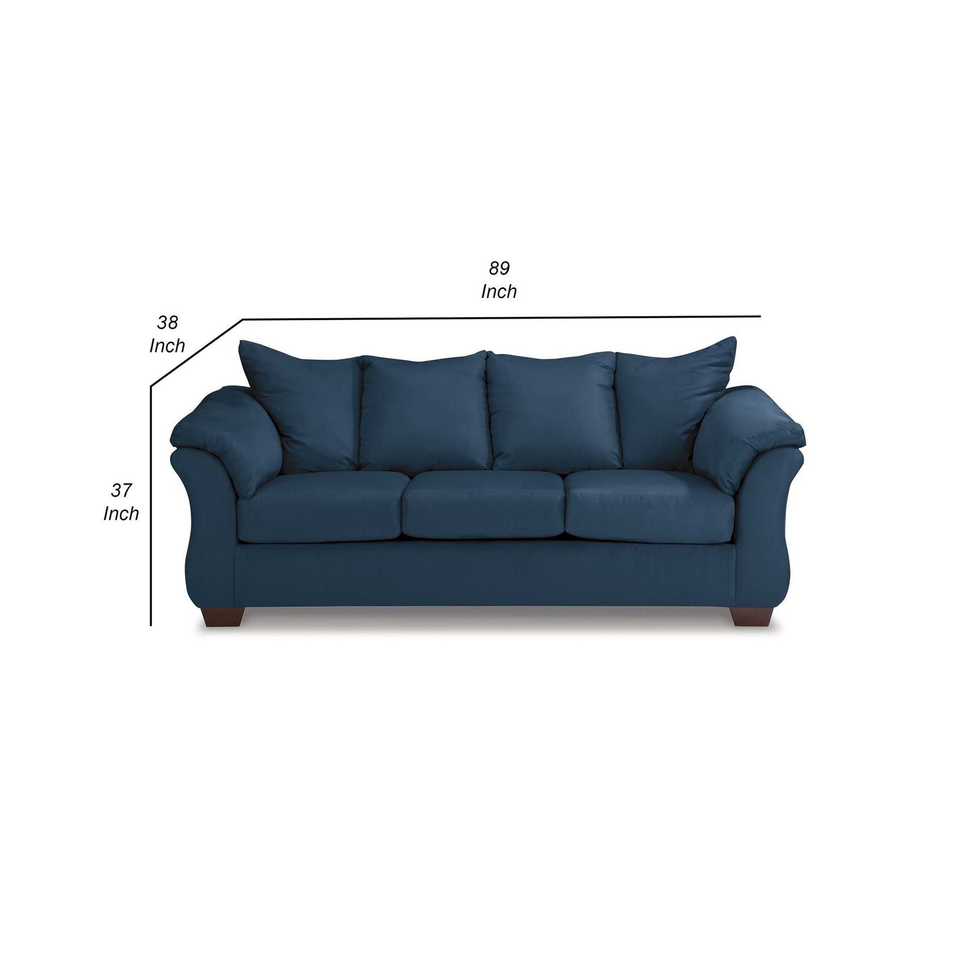 89 Inch Modern Cushioned Sofa, Blue Polyester, Pillow Top Flared Armrests Blue Wood Fabric 3 Seat