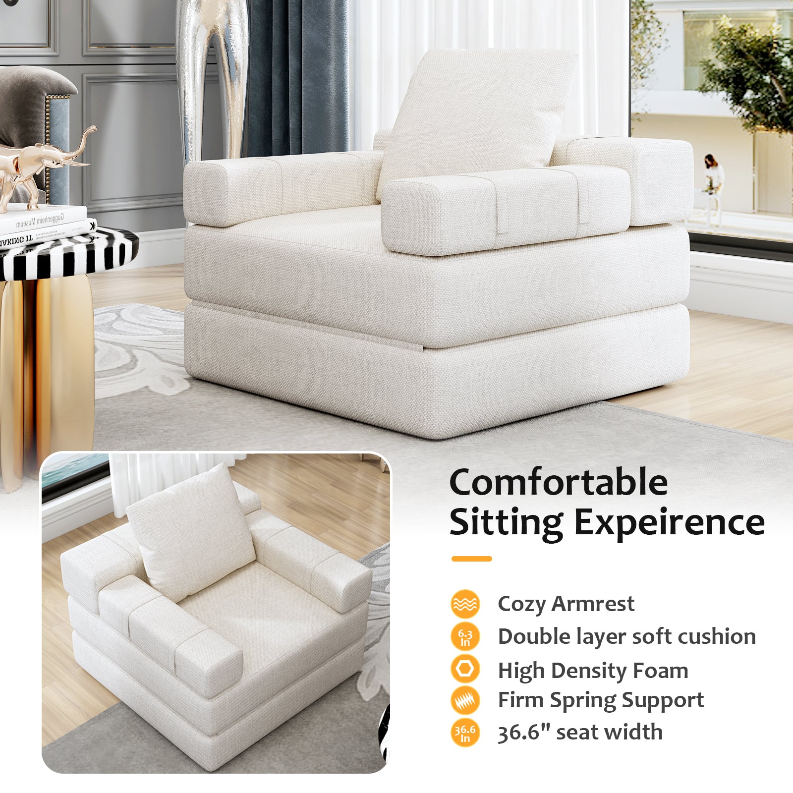 Single Sofa Chair That Converts To A Single Sofa Bed For Living Room, Guest Room, Playroom, White Creamy White Primary Living Space Modern Foam Linen