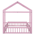 Wooden Floor Bed With Fence Railings And Detachable House Shape Headboard,Full Size Bed With Kids Dress Up Rack, Kids Montessori Style Playhouse Frame For Girls Boys, Pink Full Pink Wood