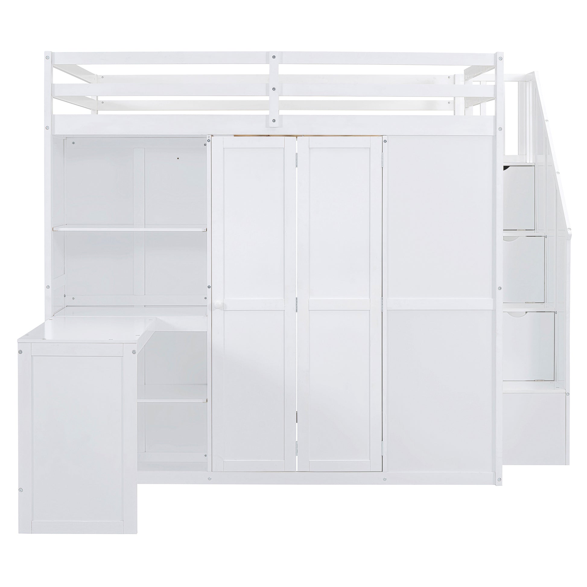 Full Size Loft Bed With Wardrobe,Desk And Shelves,White White Mdf Lvl
