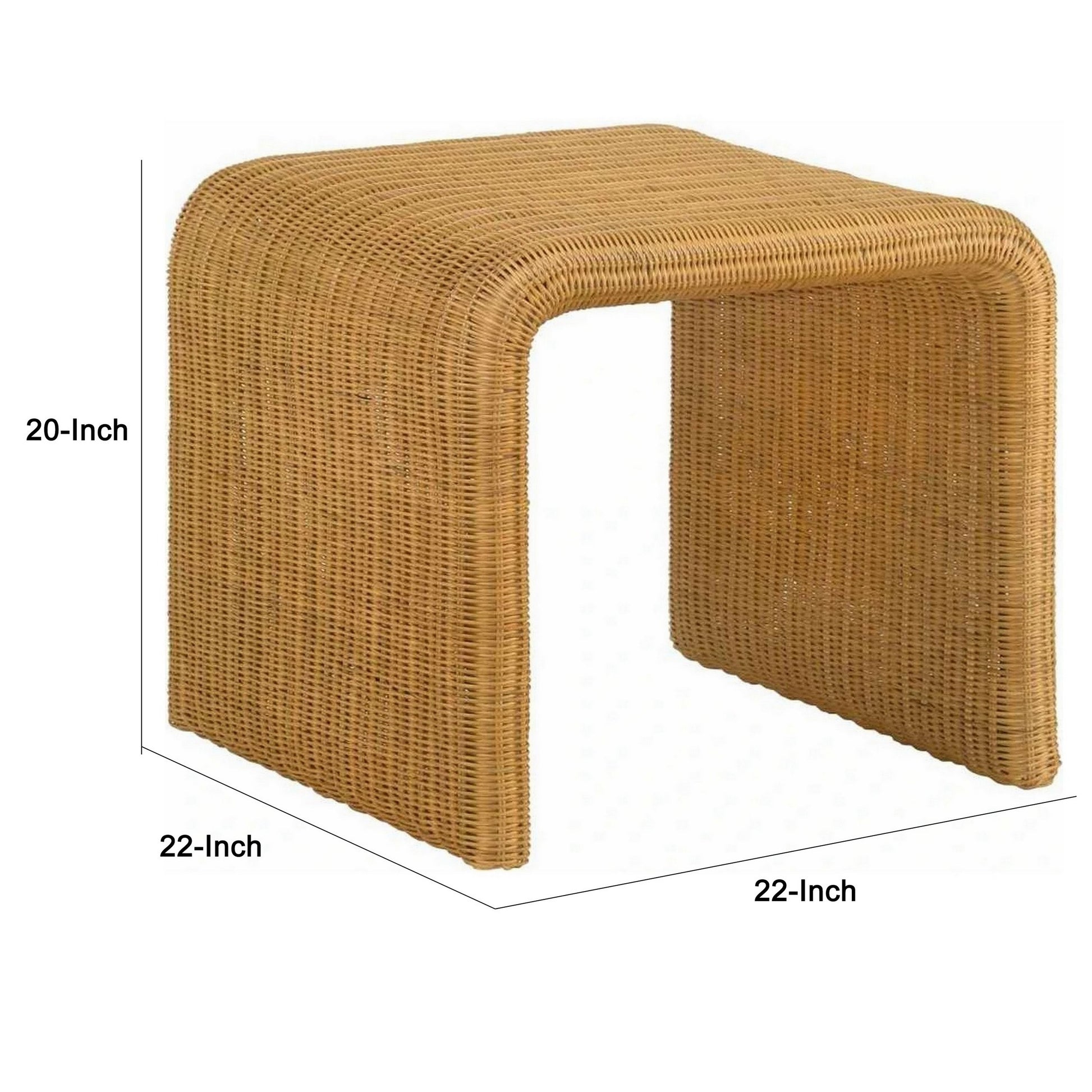 22 Inch Side End Table, Woven Rattan Frame, Waterfall Edges, Square Surface Brown Metal