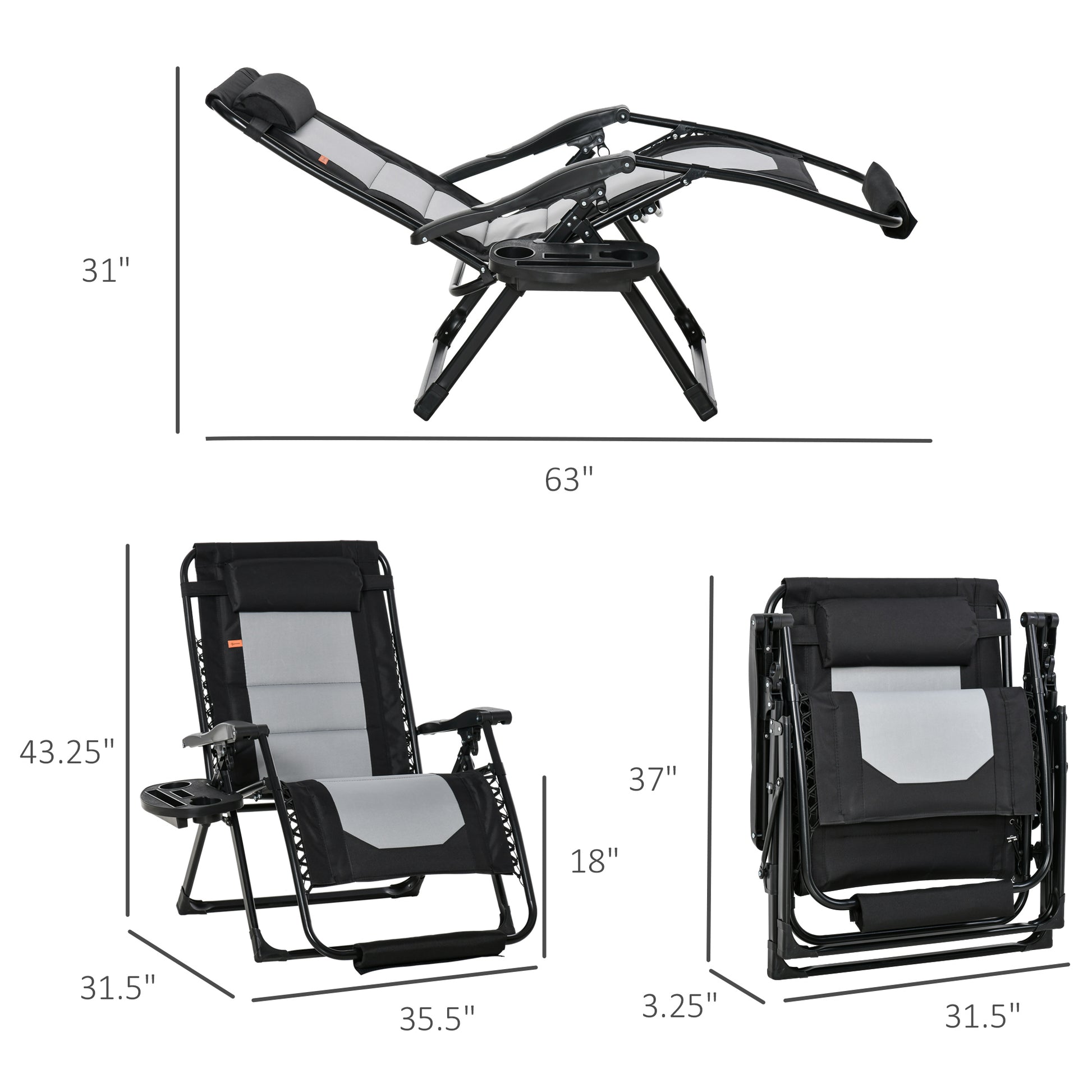 Outsunny Foldable Outdoor Lounge Chair With Footrest, Oversized Padded Zero Gravity Lounge Chair With Headrest, Side Tray, Cup Holders, Armrests For Camping, Lawn, Garden, Black Black Steel