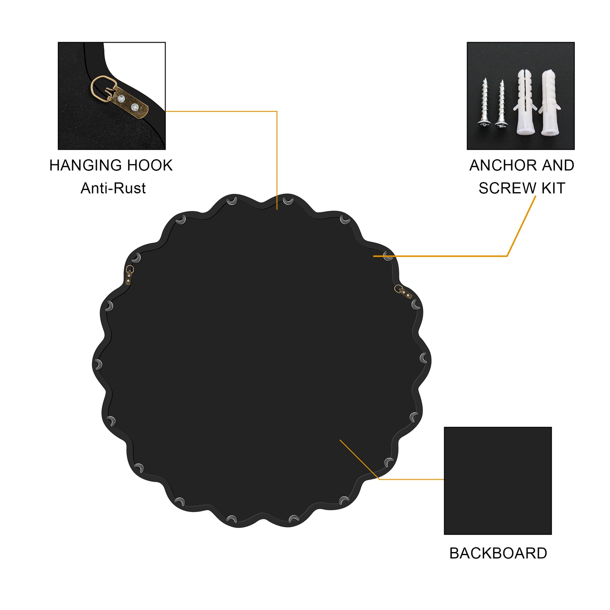 Solid Wood Wavy Mirror Black Vanity Mirror Wall Decor 36" X 36" Modern Mirror Wall Decor For Bathroom, Bedroom, Living Room, Dining Room, Cloakroom, Entryway Black Glass Solid Wood