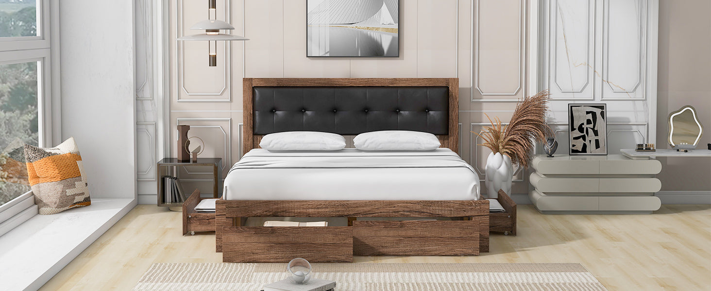 Queen Size Wood Platform Bed With Upholstered Headboard And 4 Drawers Box Spring Not Required Queen Walnut Wood Bedroom Bed Frame Faux Leather Solid Wood Mdf
