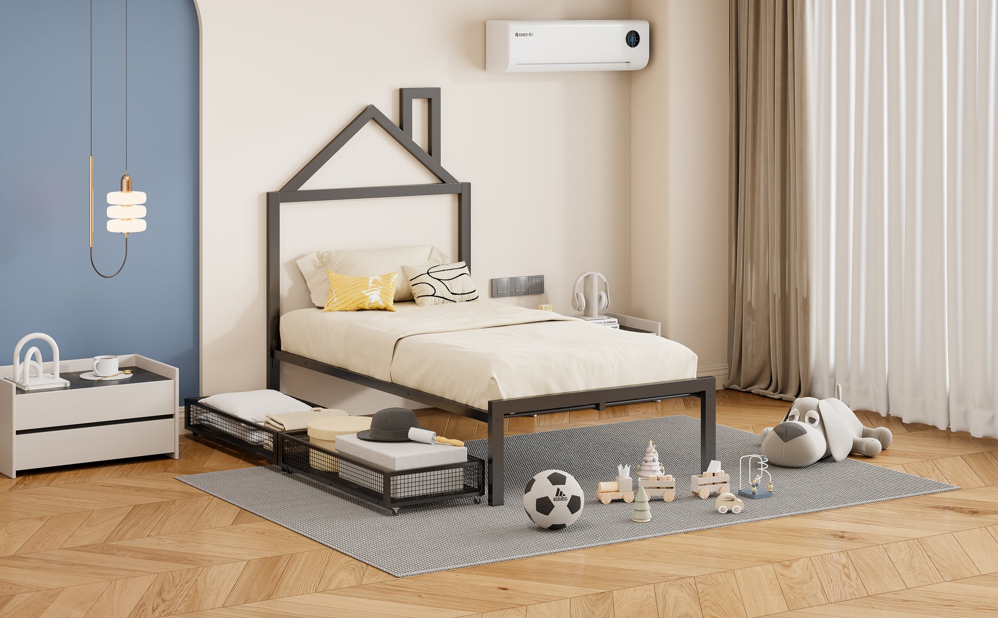 Twin Size Metal Platform Bed With Two Drawers,House Shaped Headboard Design, Black Twin Black Metal