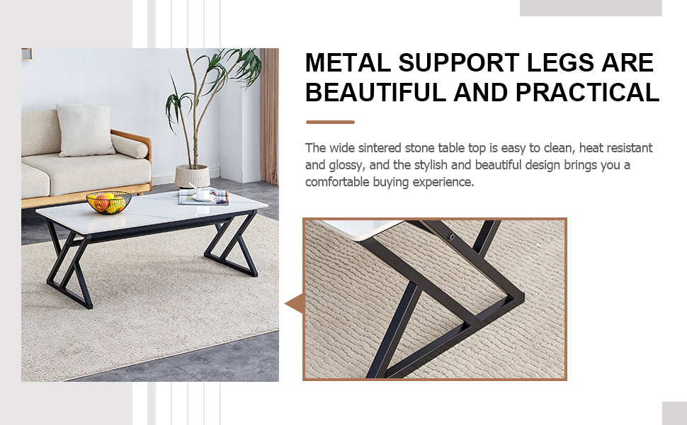 A Modern Minimalist Style White Marble Patterned Coffee Table With Black Metal Legs. Computer Desk. Game Table. Tea Table. Ct Xx White Black Sintered Stone