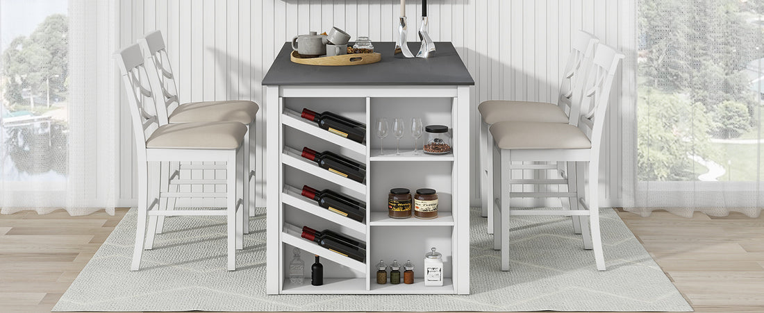 Updated Counter Height 5 Piece Solid Wood Dining Table Set, 59*35.4Inch Table With Curved Wine Rack And 4 Upholstered Chairs, White Wood Dining Room Solid Wood Rubberwood Rectangular Dining Table With Chair Wood Wood White Solid Back Seats 4 Farmhouse 4