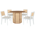 5 Piece Rattan Round Dining Table Set, Wood Table With Hexagonal Base And Upholstered Chairs For Dining Room, Kitchen,Indoor Use, White Beige Wood Dining Room Solid Wood Rubberwood Round Dining Table With Chair Wood Wood White Seats 4 Traditional Round