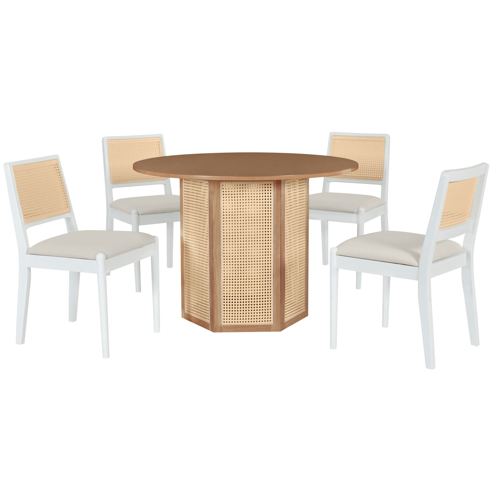 5 Piece Rattan Round Dining Table Set, Wood Table With Hexagonal Base And Upholstered Chairs For Dining Room, Kitchen,Indoor Use, White Beige Wood Dining Room Solid Wood Rubberwood Round Dining Table With Chair Wood Wood White Seats 4 Traditional Round