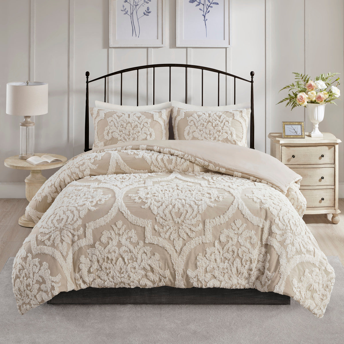 3 Piece Tufted Cotton Chenille Da Comforter Set Taupe Full Queen Full Taupe Polyester
