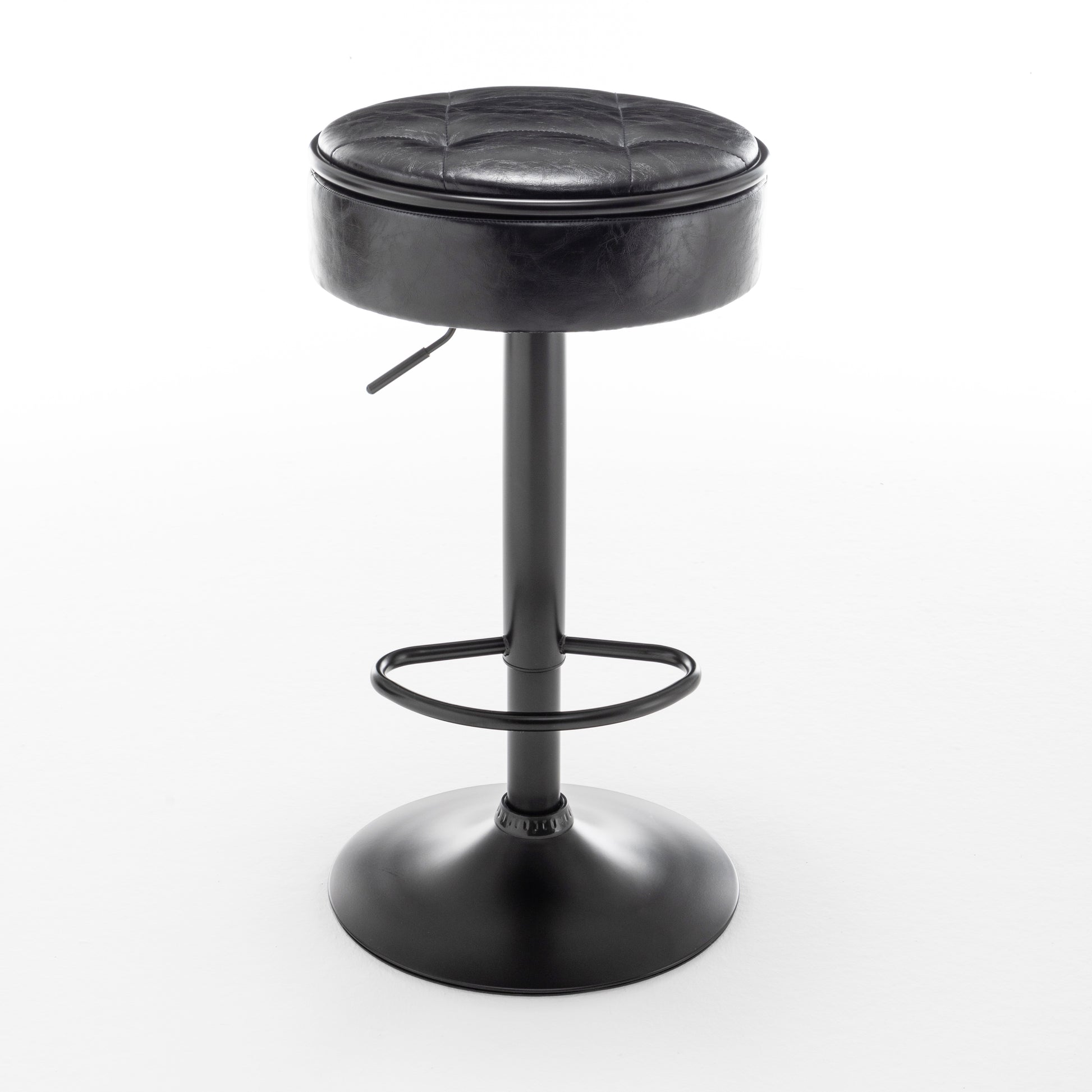 Round Storage Bar Stool Set Of 2, Black Faux Leather Height Adjustable Barstool, 360 Counter Height Swivel Stool, Armless Bar Chair With Metal Frame For Kitchen Counter Dining Living Room Black Set Of 2 Foam Pu Leather